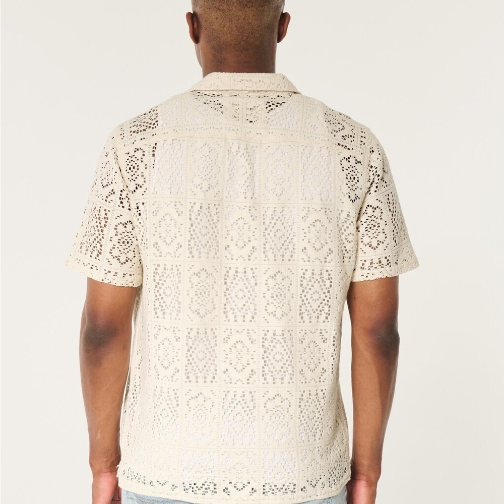 Hollister Ivory Lace Shirt Crochet Button Down Men’s M Coastal Amalfi Resortwear - Picture 9 of 10